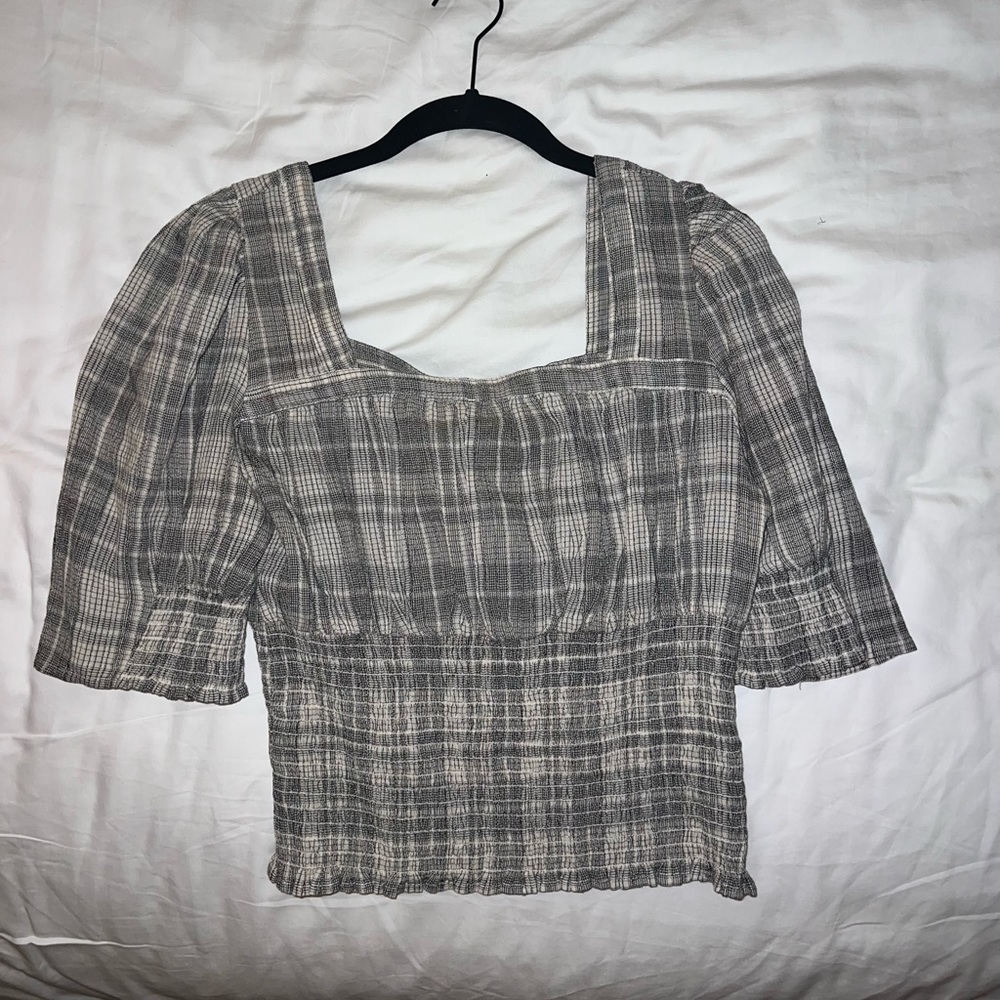 Plaid top with puffy sleeves